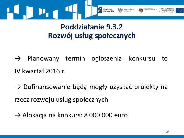 Poddziałanie 9. 3. 2 Rozwój usług społecznych → Planowany termin ogłoszenia konkursu to IV