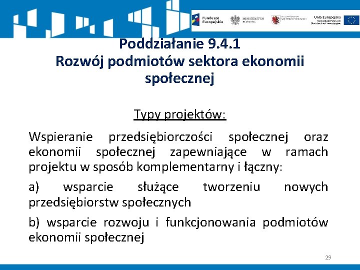 Poddziałanie 9. 4. 1 Rozwój podmiotów sektora ekonomii społecznej Typy projektów: Wspieranie przedsiębiorczości społecznej