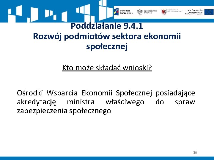 Poddziałanie 9. 4. 1 Rozwój podmiotów sektora ekonomii społecznej Kto może składać wnioski? Ośrodki