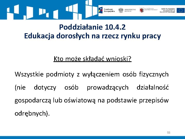 Poddziałanie 10. 4. 2 Edukacja dorosłych na rzecz rynku pracy Kto może składać wnioski?