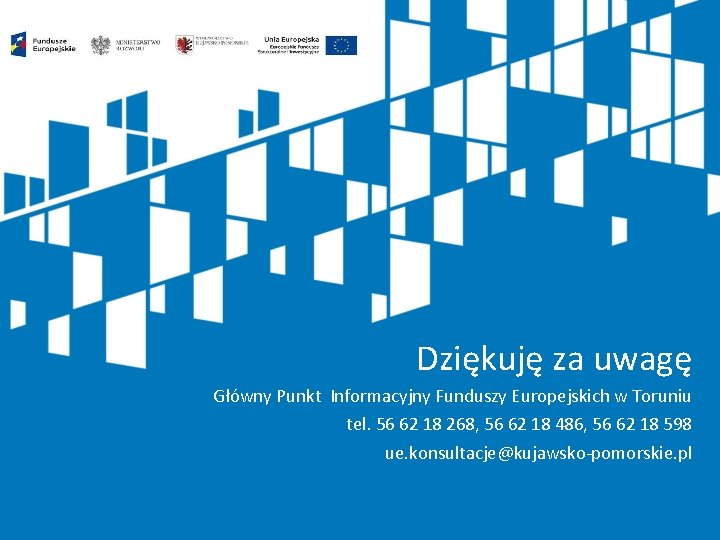 Dziękuję za uwagę Główny Punkt Informacyjny Funduszy Europejskich w Toruniu tel. 56 62 18