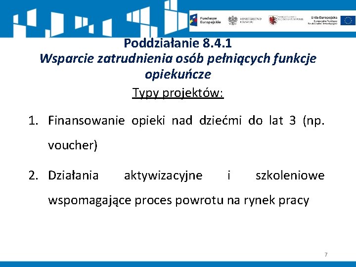 Poddziałanie 8. 4. 1 Wsparcie zatrudnienia osób pełniących funkcje opiekuńcze Typy projektów: 1. Finansowanie