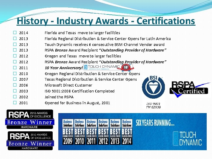 History - Industry Awards - Certifications � � � � 2014 2013 2012 2011