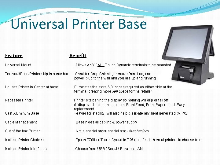 Universal Printer Base Feature Universal Mount Benefit Allows ANY / ALL Touch Dynamic terminals