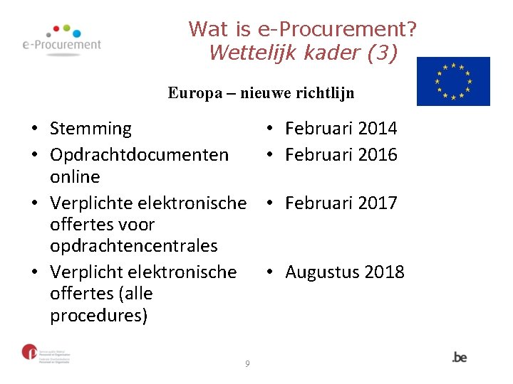 Wat is e-Procurement? Wettelijk kader (3) Europa – nieuwe richtlijn • Stemming • Opdrachtdocumenten