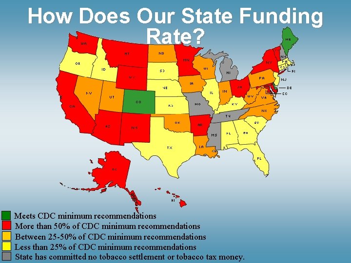 How Does Our State Funding Rate? Meets CDC minimum recommendations More than 50% of