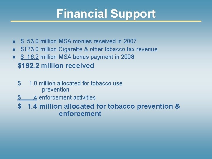 Financial Support ♦ $ 53. 0 million MSA monies received in 2007 ♦ $123.