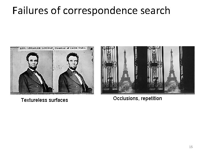 Failures of correspondence search Textureless surfaces Occlusions, repetition 15 