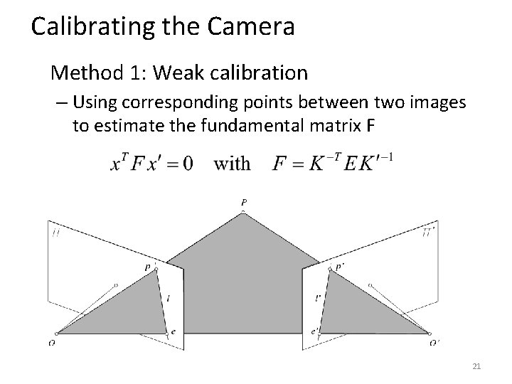 Calibrating the Camera Method 1: Weak calibration – Using corresponding points between two images