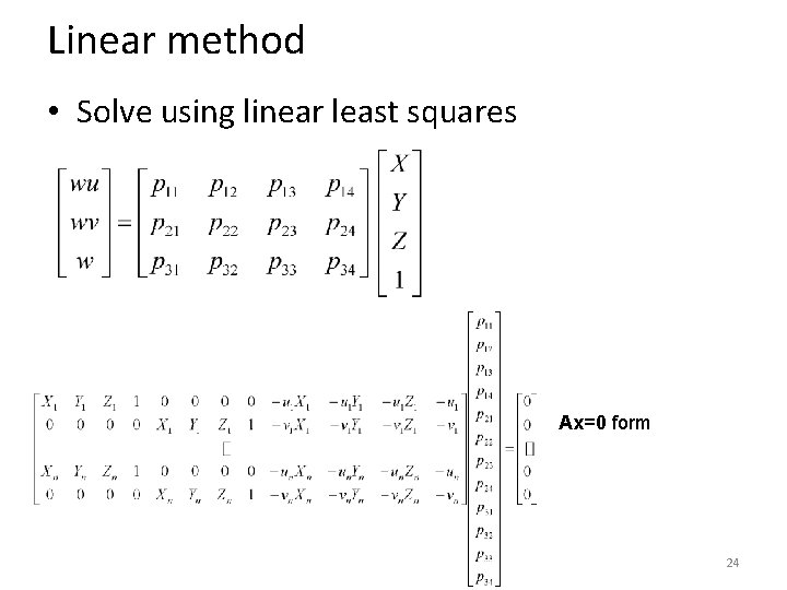 Linear method • Solve using linear least squares Ax=0 form 24 
