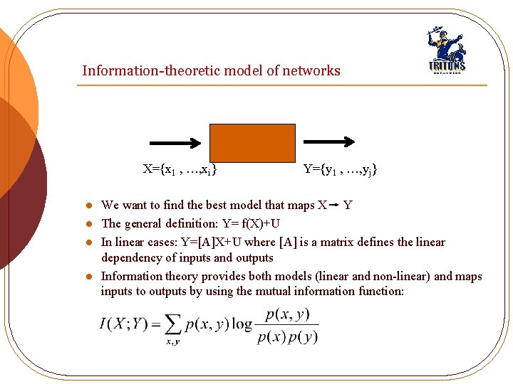 Information-theoretic model of networks X={x 1 , …, xi} l l Y={y 1 ,