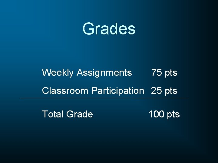 Grades Weekly Assignments 75 pts Classroom Participation 25 pts Total Grade 100 pts 