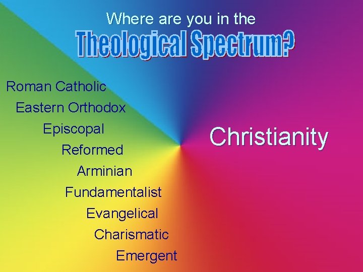 Where are you in the Roman Catholic Eastern Orthodox Episcopal Reformed Arminian Fundamentalist Evangelical
