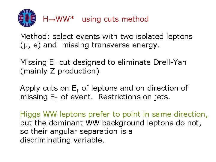 H→WW* using cuts method Method: select events with two isolated leptons (µ, e) and
