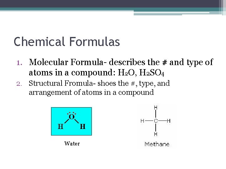 Chemical Formulas 1. Molecular Formula- describes the # and type of atoms in a