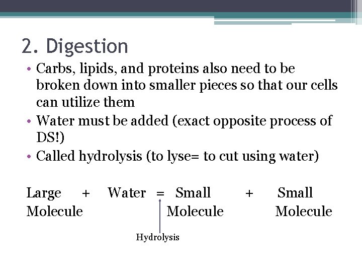 2. Digestion • Carbs, lipids, and proteins also need to be broken down into