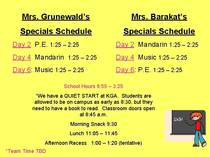 Mrs. Grunewald’s Mrs. Barakat’s Specials Schedule Day 2 P. E. 1: 25 – 2: