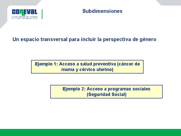 Subdimensiones Un espacio transversal para incluir la perspectiva de género Ejemplo 1: Acceso a