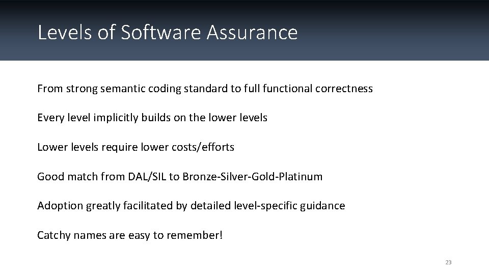 Levels of Software Assurance From strong semantic coding standard to full functional correctness Every