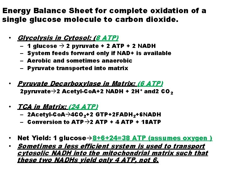 Energy Balance Sheet for complete oxidation of a single glucose molecule to carbon dioxide.