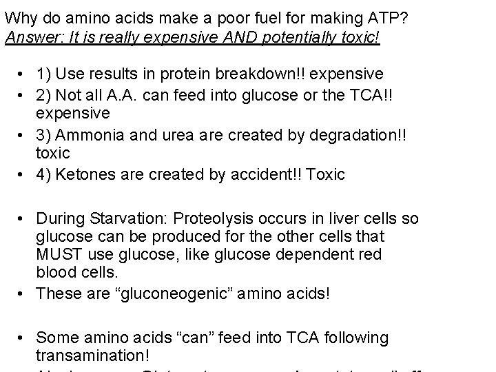 Why do amino acids make a poor fuel for making ATP? Answer: It is