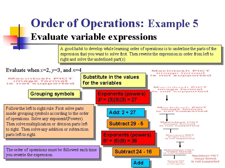 Order of Operations: Example 5 Evaluate variable expressions A good habit to develop while