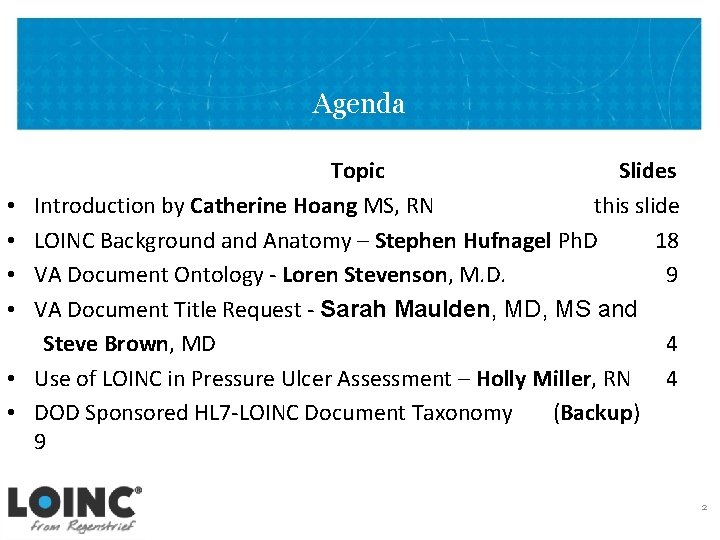 Agenda • • • Topic Slides Introduction by Catherine Hoang MS, RN this slide