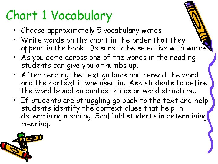 Chart 1 Vocabulary • Choose approximately 5 vocabulary words • Write words on the