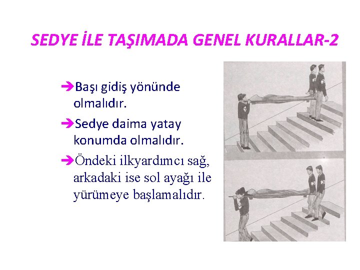 SEDYE İLE TAŞIMADA GENEL KURALLAR-2 èBaşı gidiş yönünde olmalıdır. èSedye daima yatay konumda olmalıdır.