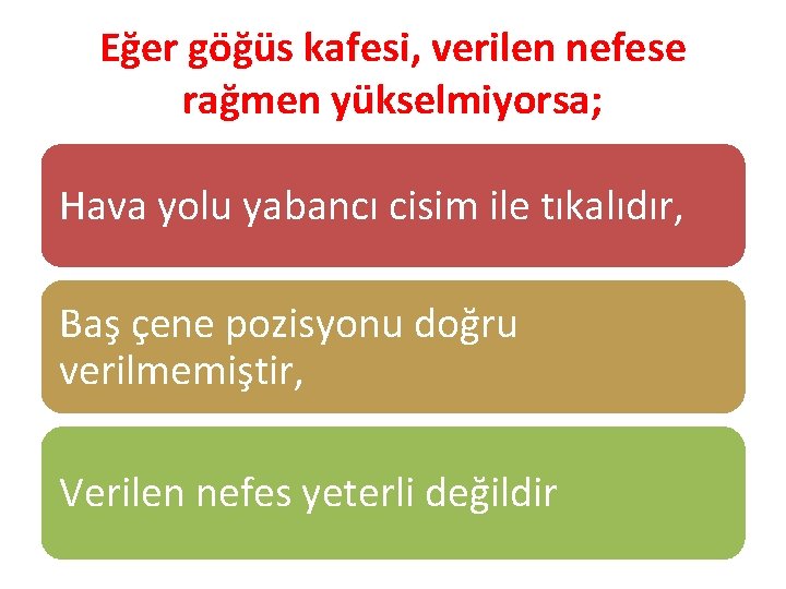 Eğer göğüs kafesi, verilen nefese rağmen yükselmiyorsa; Hava yolu yabancı cisim ile tıkalıdır, Baş