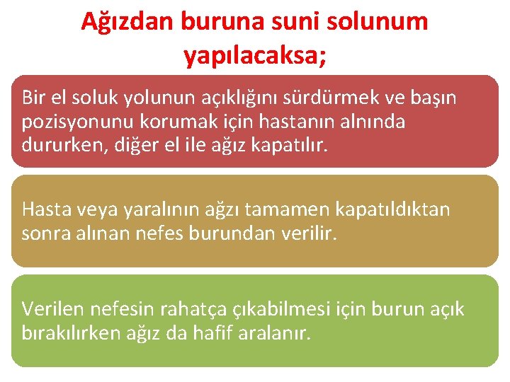 Ağızdan buruna suni solunum yapılacaksa; Bir el soluk yolunun açıklığını sürdürmek ve başın pozisyonunu