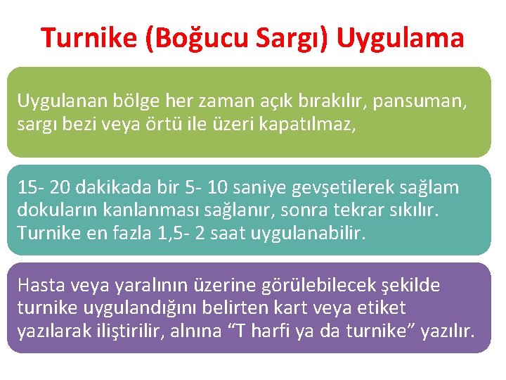 Turnike (Boğucu Sargı) Uygulama Uygulanan bölge her zaman açık bırakılır, pansuman, sargı bezi veya