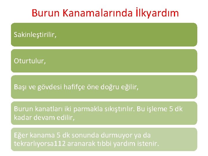 Burun Kanamalarında İlkyardım Sakinleştirilir, Oturtulur, Başı ve gövdesi hafifçe öne doğru eğilir, Burun kanatları