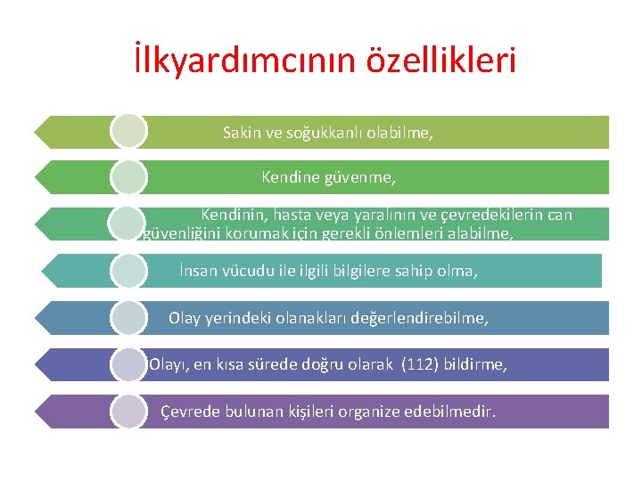 İlkyardımcının özellikleri Sakin ve soğukkanlı olabilme, Kendine güvenme, Kendinin, hasta veya yaralının ve çevredekilerin