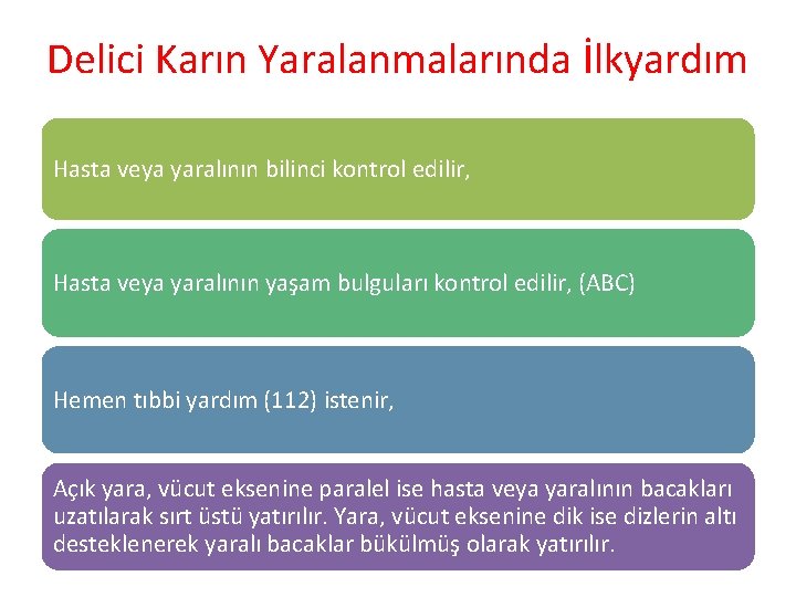 Delici Karın Yaralanmalarında İlkyardım Hasta veya yaralının bilinci kontrol edilir, Hasta veya yaralının yaşam