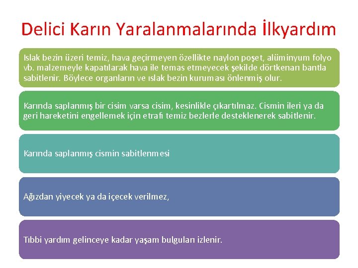 Delici Karın Yaralanmalarında İlkyardım Islak bezin üzeri temiz, hava geçirmeyen özellikte naylon poşet, alüminyum