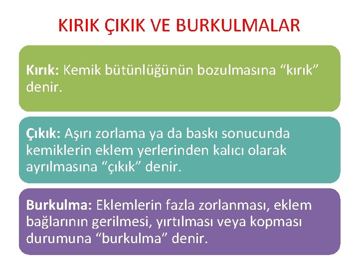 KIRIK ÇIKIK VE BURKULMALAR Kırık: Kemik bütünlüğünün bozulmasına “kırık” denir. Çıkık: Aşırı zorlama ya