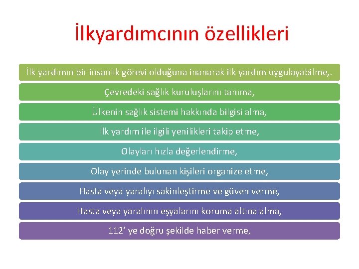 İlkyardımcının özellikleri İlk yardımın bir insanlık görevi olduğuna inanarak ilk yardım uygulayabilme, . Çevredeki