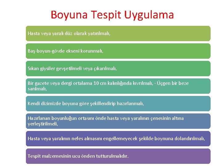 Boyuna Tespit Uygulama Hasta veya yaralı düz olarak yatırılmalı, Baş-boyun-gövde ekseni korunmalı, Sıkan giysiler