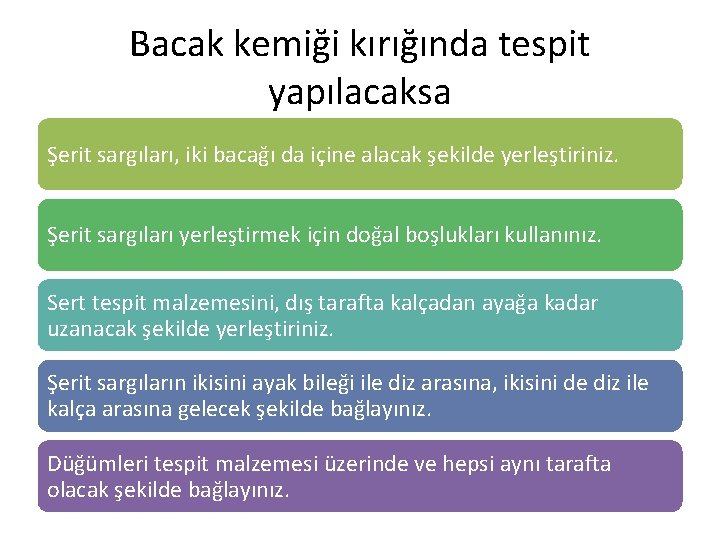 Bacak kemiği kırığında tespit yapılacaksa Şerit sargıları, iki bacağı da içine alacak şekilde yerleştiriniz.