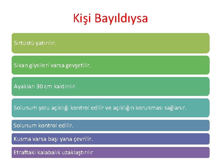 Kişi Bayıldıysa Sırtüstü yatırılır. Sıkan giysileri varsa gevşetilir. Ayakları 30 cm kaldırılır. Solunum yolu