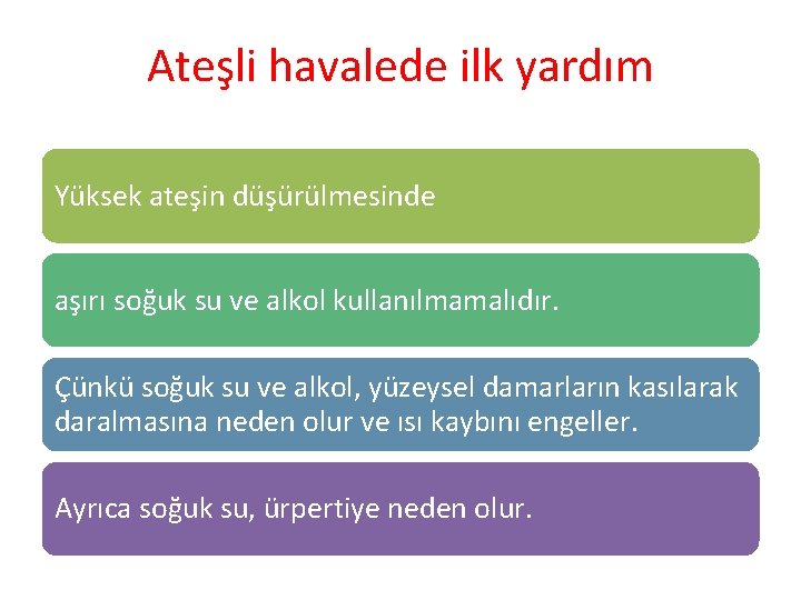 Ateşli havalede ilk yardım Yüksek ateşin düşürülmesinde aşırı soğuk su ve alkol kullanılmamalıdır. Çünkü