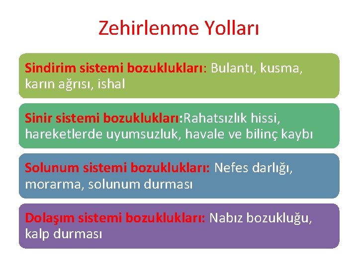 Zehirlenme Yolları Sindirim sistemi bozuklukları: Bulantı, kusma, karın ağrısı, ishal Sinir sistemi bozuklukları: Rahatsızlık