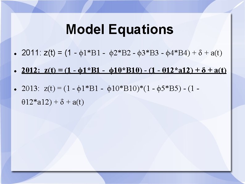 Model Equations 2011: z(t) = (1 - ϕ 1*B 1 - ϕ 2*B 2 Model Equations 2011: z(t) = (1 - ϕ 1*B 1 - ϕ 2*B 2