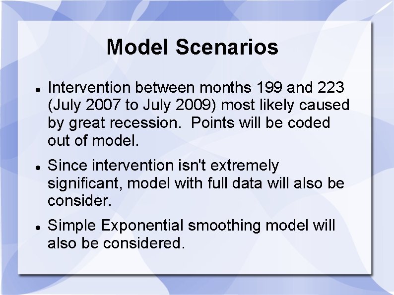 Model Scenarios Intervention between months 199 and 223 (July 2007 to July 2009) most