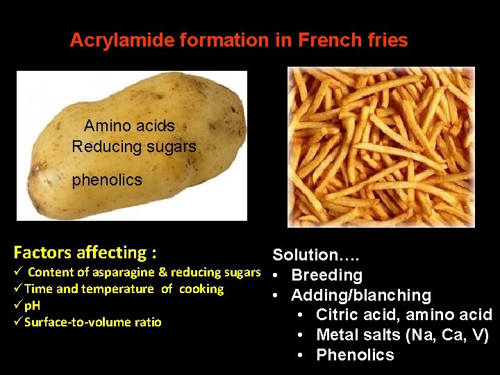 Acrylamide formation in French fries Amino acids Reducing sugars phenolics Factors affecting : Solution….