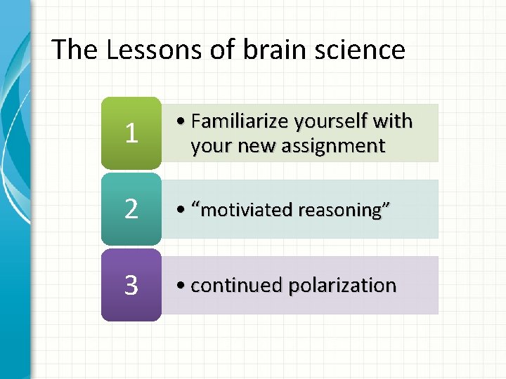 The Lessons of brain science 1 • Familiarize yourself with your new assignment 2