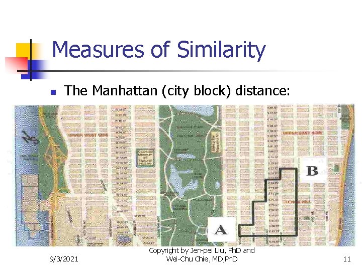 Measures of Similarity n The Manhattan (city block) distance: 9/3/2021 Copyright by Jen-pei Liu,
