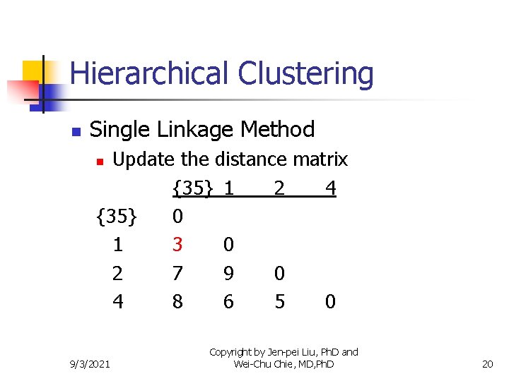 Hierarchical Clustering n Single Linkage Method Update the distance matrix {35} 1 2 4
