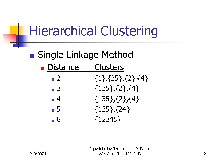 Hierarchical Clustering n Single Linkage Method n Distance n n n 9/3/2021 2 3